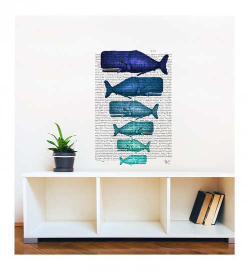 Blue Whale Family On Newspaper Wall Sticker