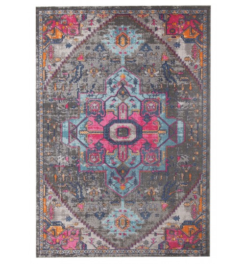 Grey Pink Power Loomed Distressed Modern Rug